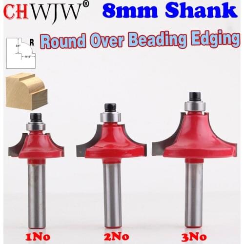 3PC 8mm Shank Round Over Beading Edging Router Bit - 1/4",3/8",1/2" Radius Straight end mill trimmer cleaning flush trim