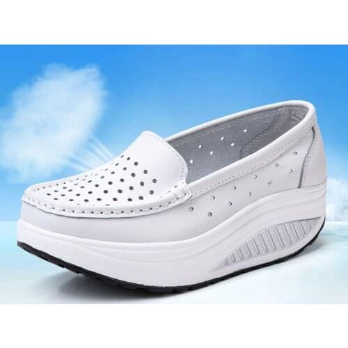 2020 Pumps Woman Shoe Summer genuine leather cutout breathable swing shoes white nurse shoes wedges heighten mother shoes