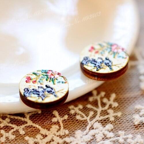 Unique 3D Birds Embossed 16mm Round Coloured Drawing pattern Laser Cut wood Cabochon DIY for Rings, Earring,Brooch,Necklace