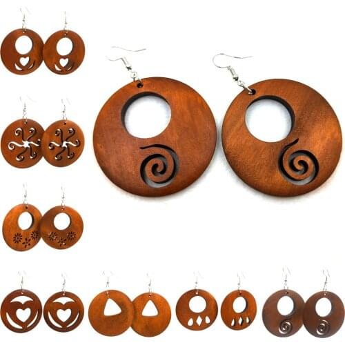 1 pair Good Quality Fashion Wood Earrings Organic brown Hollow African Woman Wooden Brincos Pendant