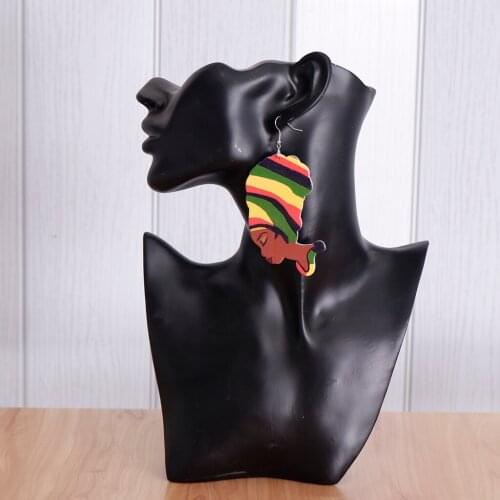 African Woman Lady Head Wood Hook Ethnic Dangle Earrings Party