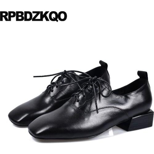 High quality designer shoes black ladies block european lace up oxford square toe low heels italian patent leather size 4 34