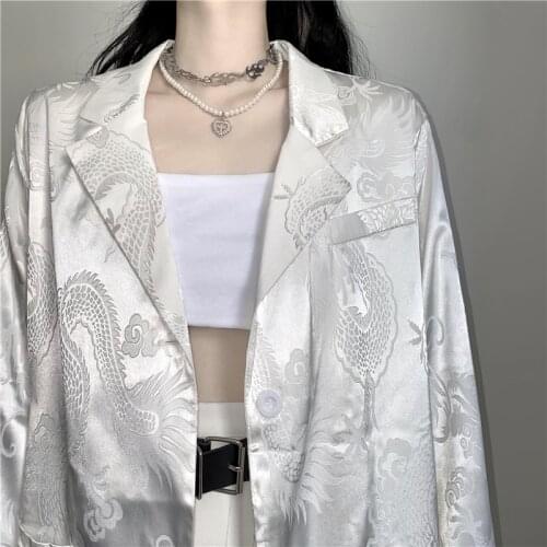 2021 Women Korean New Blazer Fashion Casual Gothic Vintage Dragon Jacket Retro Long Sleeve Thin Loose Blazers Coat Streetwear