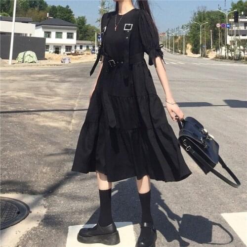 Dress Women Short Sleeve Black Belt Loose Patchwork Japanese-style Fashion Summer Dresses Student Stylish Street-wear Simple