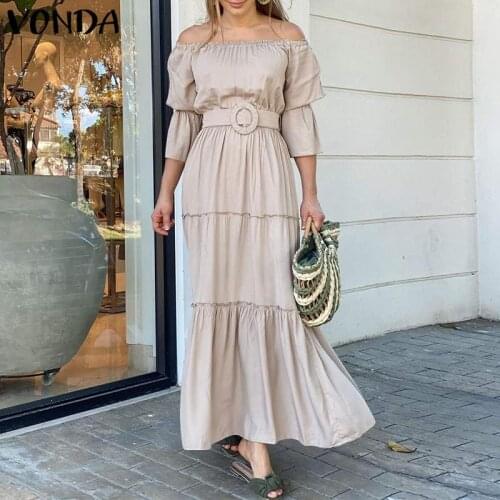 Women Off Shoulder Dress 2021 VONDA Bohemian Sundress Vintage 3/4 Sleeve Holiday Party Maxi Long Dress Casual Vestido Robe Femme