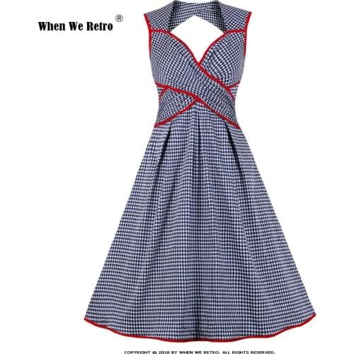 Sexy Backless Women Summer Dress VD2091 Blue Plaid Cotton Sleeveless 50s Vintage Dress with Bow Vestido