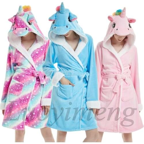 Winter Warm Flannel Bathrobes Women Cartoon Unicorn Stitch Panda Pajamas Adults Dressing Gown Hooded Animal Sleepwear Long Robe