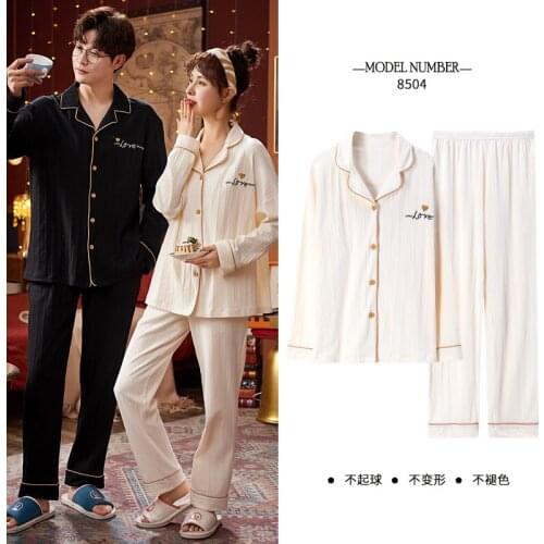 Couple Winter Pajamas Set Soft Cotton Turn-down Collar Long Sleeve Sleepwear Retro Beige Women Love Pattern Pajamas Men Homewear