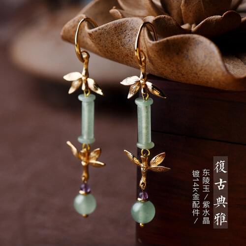 Original green Aventurine dangle earrings women , gold leaves vintage earrings style,New nature stone Ethnic earrings jewelry