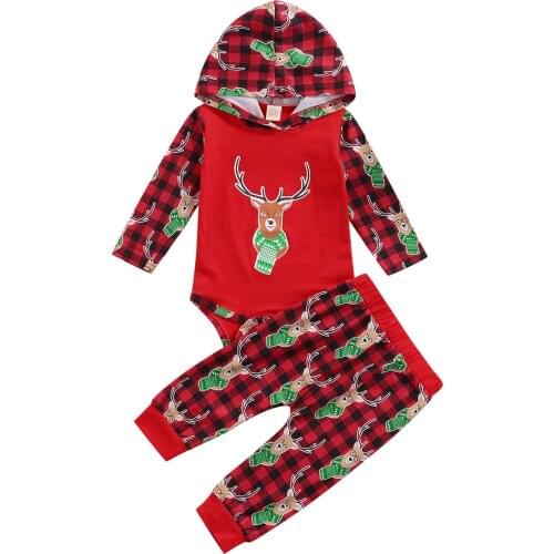 2021 0-24M Baby Boy Girl Clothes Christmas Elk Plaid Print Long Sleeve Hooded Romper and Long Pants Costume 2pcs