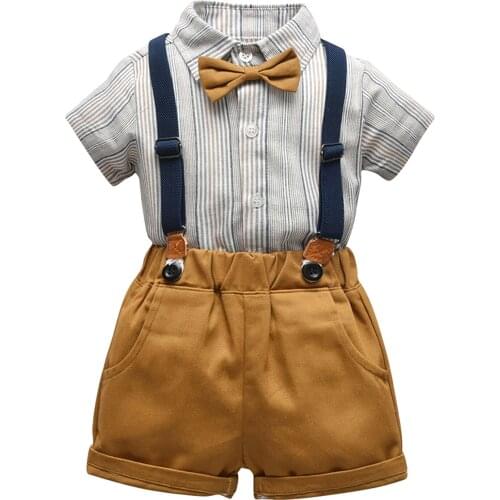 Baby Boy Clothing Set Infant Gentleman First Birthday Short Sleeve Shirt + Suspender Shorts Outfits Newborn Boy Clothes 2PCS Set