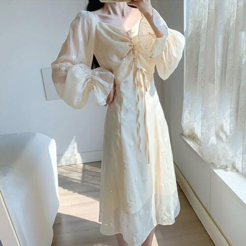 White Square Collar High Waist Mid-length Dress Korean Retro Gentle Women Long Dress Flare Long Sleeve Embroidery Dress 12912