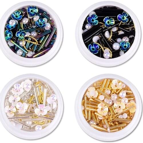 Flower Nail Rhinestones Mixed ABS Flower Sparkle Multi-Shaped Gems Set Colorful Pearl Beads Artificial Gradient 27RC