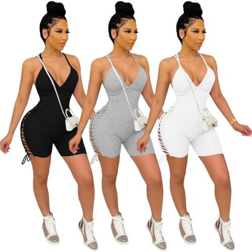 Echoine Sexy Hollow out Backless Deep V-neck Bandage Bodycon one piece jumpsuit Summer Beach Party Playsuits Short Pant Rompers