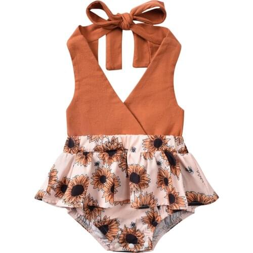 Newborn Baby Girl’s Casual Bandage Halter Romper Fashion Sunflower Printed Stitching Triangle Jumpsuits