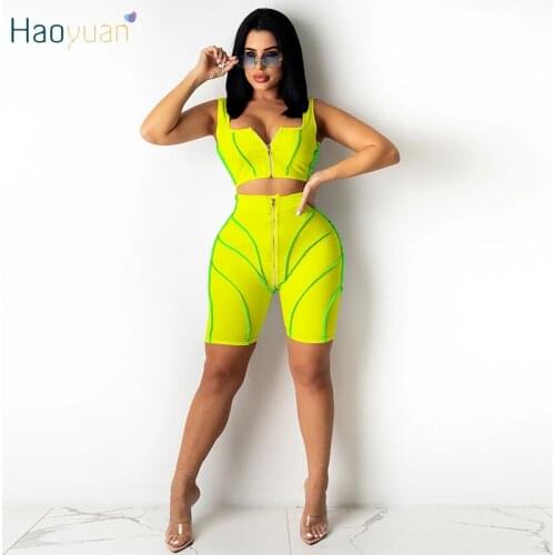 HAOYUAN Summer Sexy Two Piece Women Clothing Zip Crop Top Biker Shorts Striped Patchwork Tracksuit Outfits Club Matching Sets
