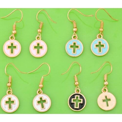 Fashion Gold metal enamel round coin tag cross earrings drop dangle earrings earing jewelry girl women boutique bijoux ornament