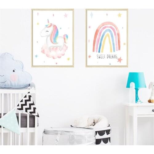 Cartoon Rainbow Unicorn Paper Sticker Wood Grain Photo Frame Children Bedroom Background Beautification Decorative Wall Stickers
