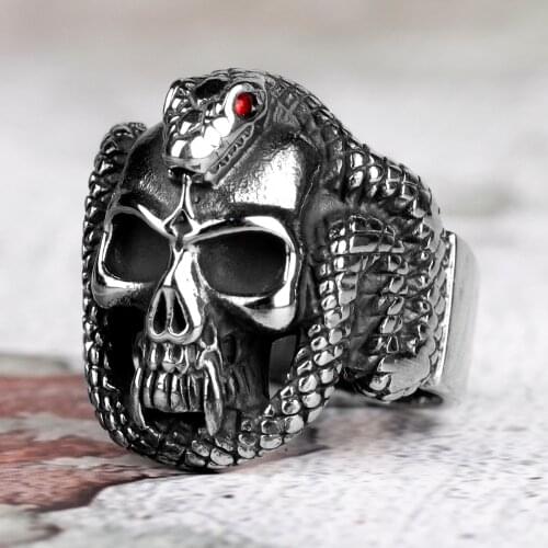 Stainless Steel Men Rings Snake Medusa Red Eyes Skull Punk Rock Gothic for Biker Male Boy Jewelry Creativity Gift Wholesale