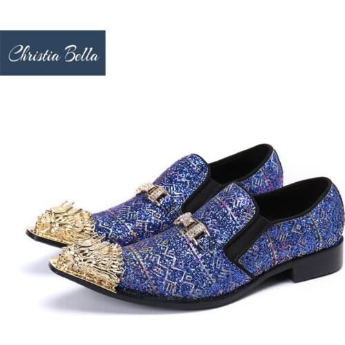 Mens Wedding Shoes Golden Metal Toe Leather Dress Shoes for Men Slip on Blue Blink Party and Wedding Oxford Shoes