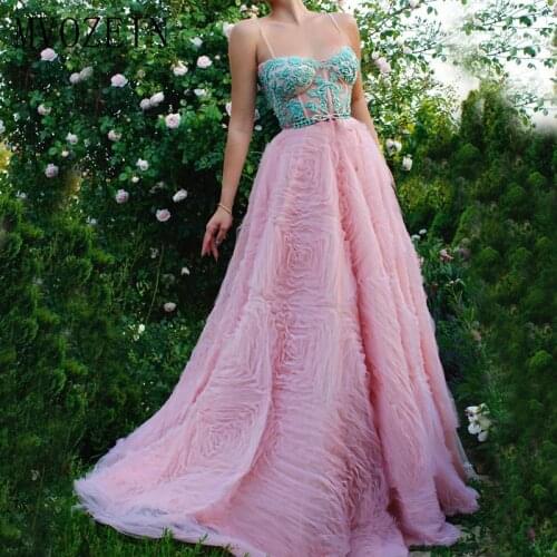MVOZEIN Pink Evening Dresses Long Tulle A-Line Spaghetti Strap Beaded Floor Length Evening Dress Formal Gowns robe de soiree