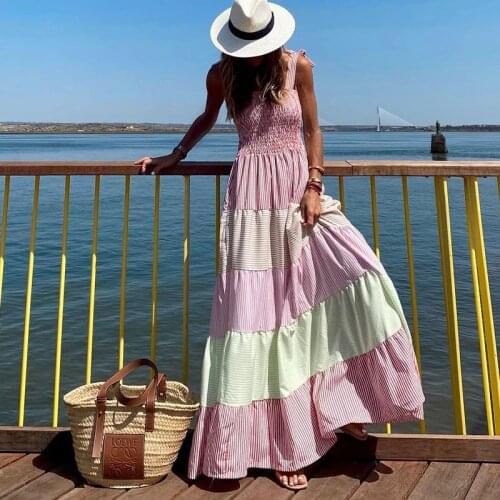 Summer Sleeveless Pleated Beach Long Dress Women Elegant Stripe Printed Party Dress Sexy Off Shoulder Bow Sling Lady Maxi Dress