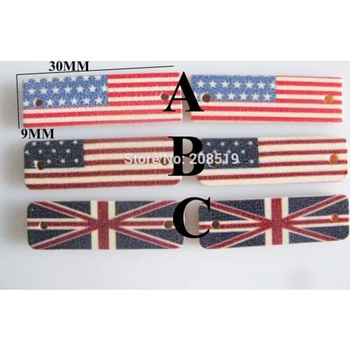 WBNSNV Rectangle 9mm* 30mm sewing buttons wooden 100pcs US&UK Flag Pattern handmade label Clothes Badges