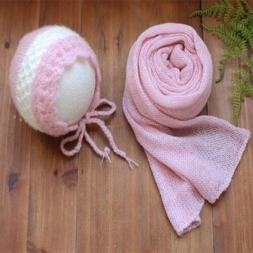 Pink Newborn Girl Floral Bonnet Jersey Knit Wrap Mohair Stretch Knit Blanket Sweater Newborn Hat Photography Prop Baby Girl Wrap