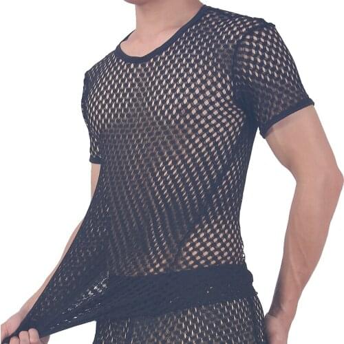 Sexy Fishnet Undershirts Men Mesh Transparent Shorts Sleeve T-shirts Summer Sheer Shirts Tee Sleepwear Sports Swimsuit Underwear