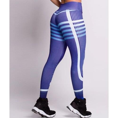 Geometric Lines Blue Elastic Fabric High Waist Yoga Pants for Women 2021 Fashion Running Cycling Gym Slim Tight Trousers