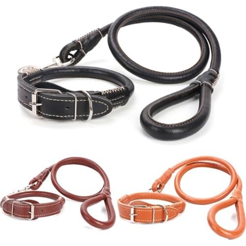 Thick PU Leather Dog Collar and Leash Set Round Strong Pet Walking Training Leash for Small Medium Big Dog