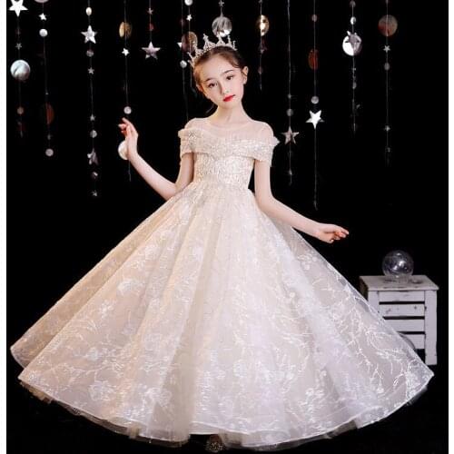 Champagne Sequin Tulle Bridesmaid Girl Party Dress Long Formal Wedding Dress First Communion Clothing Princess Birthday Costume