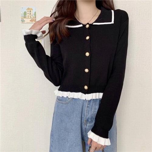 Patched Ruffles Knit Cardigan Shirt Women Single-breasted Buttons Elastic Crop Sweater Autumn Winter Tops Female Cardigans