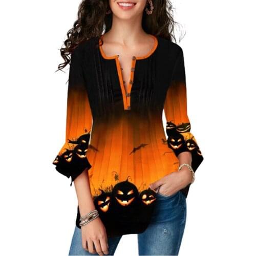 2021 New Women Halloween Gradient Print T Shirt Casual V-Neck Button Irregular Loose Ladies Tops Fashion V-Neck Autumn Clothes