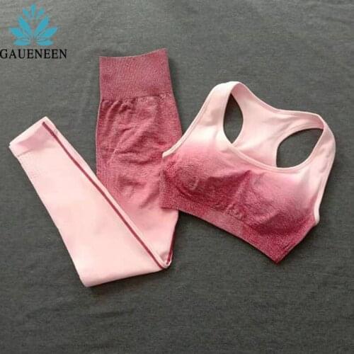 GAUENEEN Women Yoga Set Seamless Gym Clothing Ombre Sports Bra High Waist Leggings Two Piece Running Workout Clothes Sportswear