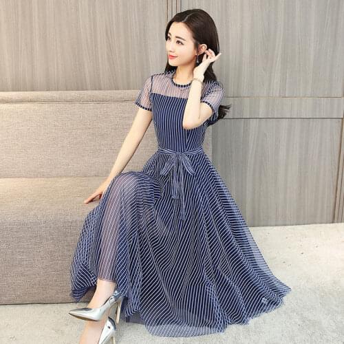 Striped Mesh Dress Women 2021 Summer Short Sleeve Lace-up Long Dresses Maxi Robe Sundress Beach Holiday Party Vestidos Y928