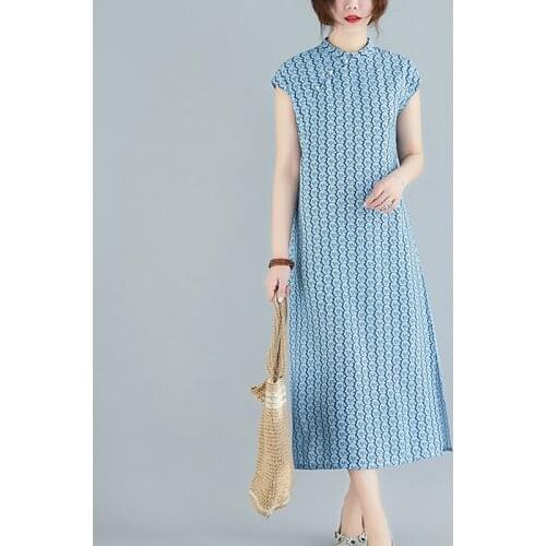 2020 New Summer Vintage Folk-custom Dress Floral Print Women Slim Cotton and Linen Dress Mandarin Collar Chinese Style Cheongsam