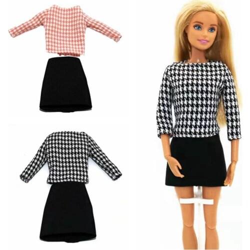1/6 BJD Doll Clothes Classic Pink Black Houndstooth Long Sleeve Shirt A-Line Skirt for Barbie Clothes 11.5" Dollhouse Accessory