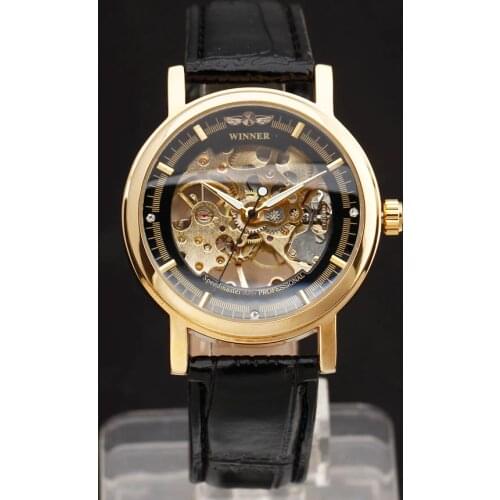 Hot WINNER Brand Fashion Men Mechanical Hand-Wind Skeleton Dial Genuine Leather Strap Wrist Watch Classic Style Male Gift Clock