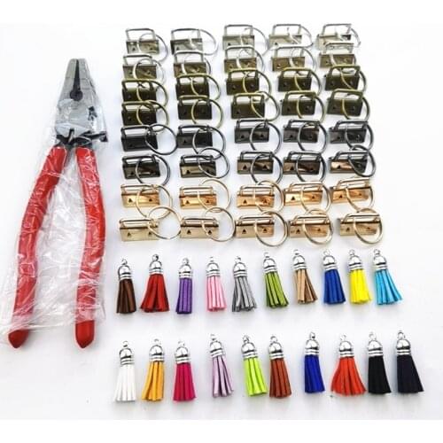 61 Pcs Key Fob Hardware Set with Pliers Leather Tassels for Wristlet Clamp Key Lanyard Key Chain Making Supply
