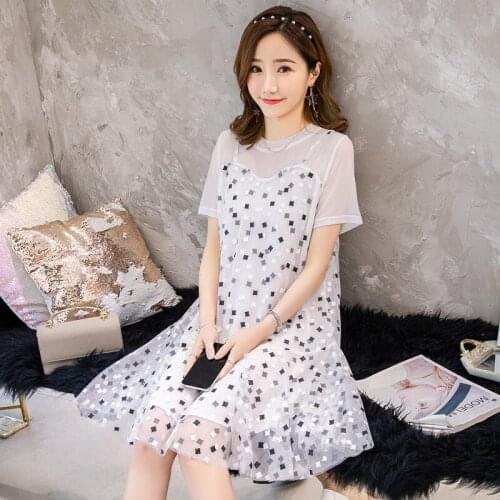 75730# Maternity Clothes Summer Chiffon Short Sleeves Loose Stylish Polka Dot Dress Pregnant Women Pregnancy Clothes
