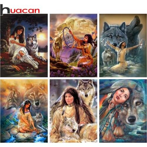 Huacan Diamond Painting Indian Woman Cross Stitch Home Art Diamond Embroidery Wolf Mosaic Bedroom Decoration