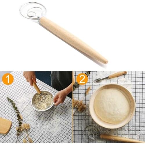 Single Coil Stainless Steel Blender for DIY Bread Dough Whisk Eggs Beater Mixer Tool 13 Inch Oak Wood Handle Kitchen Blenders