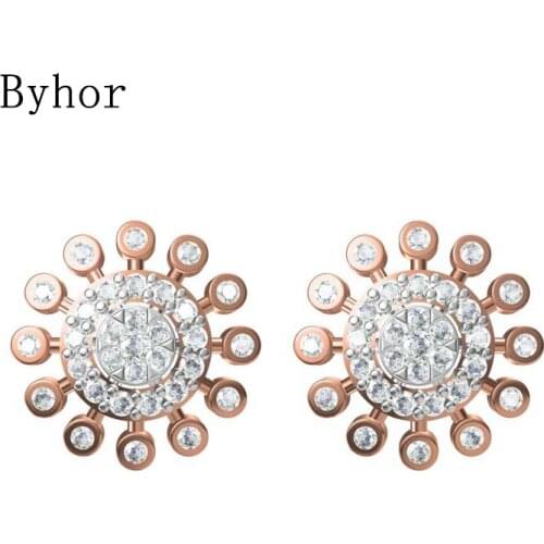 Byhor Solid 14K White/Yellow+White/Rose+White Gold 0.578ct H/SI Natural Diamonds Fine Jewelry Wedding Sun Stud Earrings Cерьги