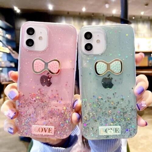 Bow Glitter Stars Phone Case For iPhone 12 Pro Max 11 Pro Max SE 2020 XS Max XR X 7 8 6 Plus 12 Mini Gradient Clear Coque