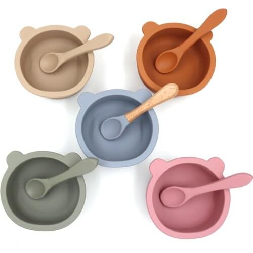 New Arrival Baby Gift Cartoon Bear Baby Bowl 100% Food Grade Spoon Fork Silicone Collapsible Plate for Camping