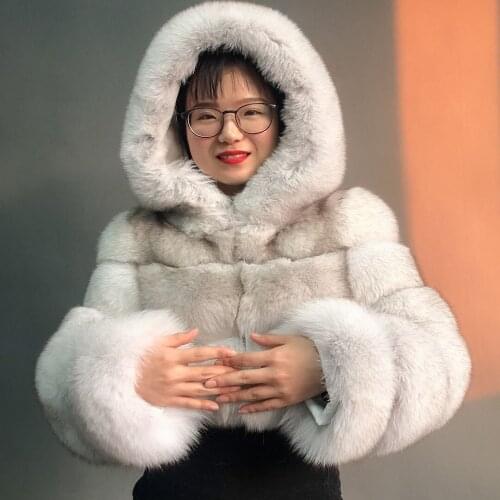 JANEFUR Hooded Fur Jacket Women Winter Jacket Fox Fur Coat for Female