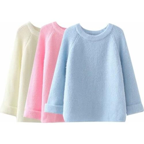 MESTTRAF Women 2021 Fashion Solid Color Knitted Sweater Retro Long Sleeve O-Neck Womens Pullover Streetwear