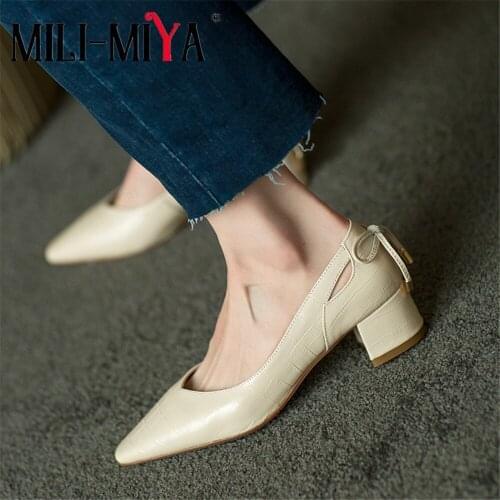 MILI-MIYA Office Career Shoes Women Cow Leather Pointed Pumps Slip On Thick Heels Stone Pattern Plus Size 34-41 Handmade