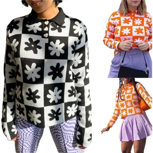Fashion Women Close-fitting Knitwear Plaid and Floral Pattern Turn-down Collar Long Sleeve Pullover Black/ Orange 2021 New